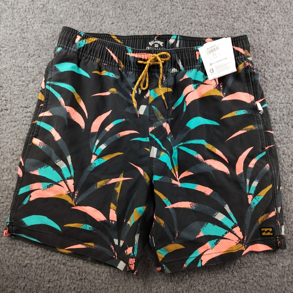 Billabong Sundays Layback Board Shorts Mens Small Black Tropical Swim Trunks NWT
